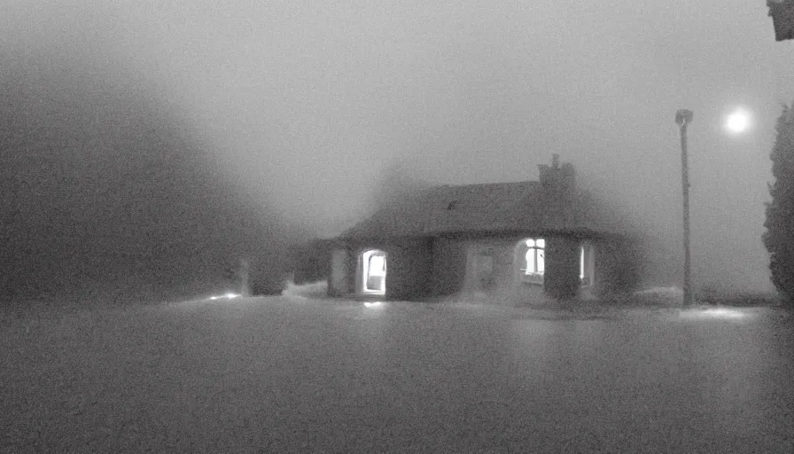 Image similar to mini dv camera found footage of a heavy burning french style little house by night, rain, foggy, in a small northern french village, by sony mini dv camera, heavy grain, low quality, high detail, dramatic light, anamorphic, flares