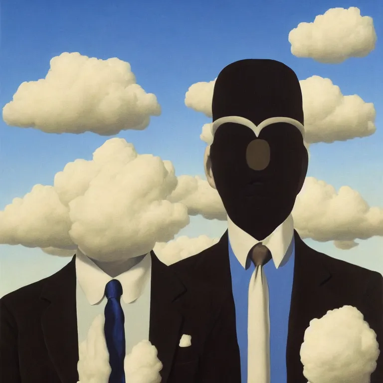 Image similar to portrait of a faceless shadow - head man in a suit, clouds in the background, by rene magritte, detailed painting, distance, middle centered, hd, hq, high resolution, high detail, 4 k, 8 k