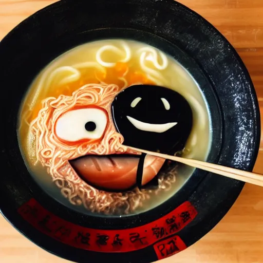 Prompt: screaming face visible in a bowl of ramen