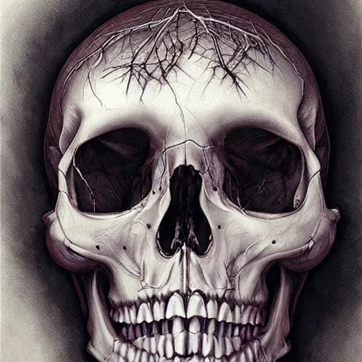 Image similar to Painting, Creative Design, Human Skull, Biopunk, Body horror, by Marco Mazzoni