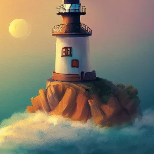 Image similar to beautiful cute cozy lighthouse by the sea, golden warm light, style of hayao miyazaki, digital art trending on artstation