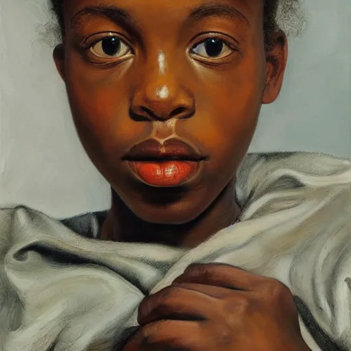 Prompt: high quality high detail painting by lucian freud, hd, portrait of a black girl, photorealistic lighting