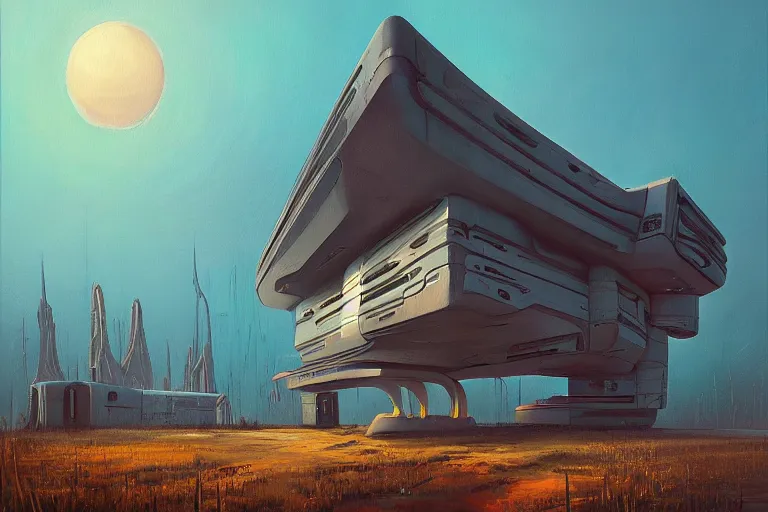 Image similar to beautiful painting of a futuristic house in the style of Simon Stålenhag and H. R. Giger, detailed, trending on Artstation