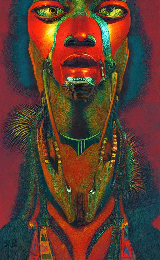 Image similar to portrait of mecha african tribal chief, symmetrical, dramatic lighting, colourful, art by zdzislaw beksinski,