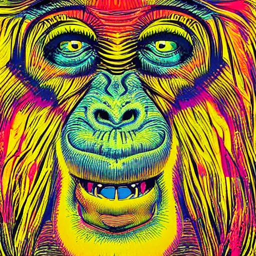 Image similar to psychedelic monkey sad thinking about the life, multicolor