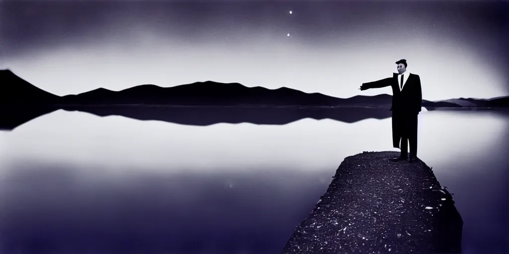 Prompt: amazing landscape photo of lake at night by Charlie Waite, film still of a man wearing tuxedo standing on the lake, beautiful dramatic lighting, surrealism, sharp, smooth, detailed