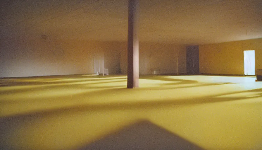 Prompt: 60s movie still of ballroom with light yellow beds, cinestill 800t 50mm eastmancolor, liminal Space style, heavy grain-s 150