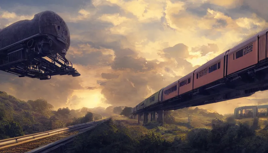 Prompt: futuristic cargo train driving over aqueduct, green hills, matte painting, artstation, sunrise, blue sky, solarpunk