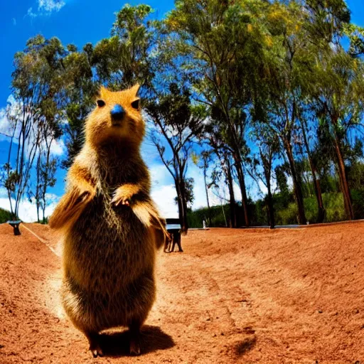 Image similar to a quokka and capybara standing on a motocross track, fisheye lens