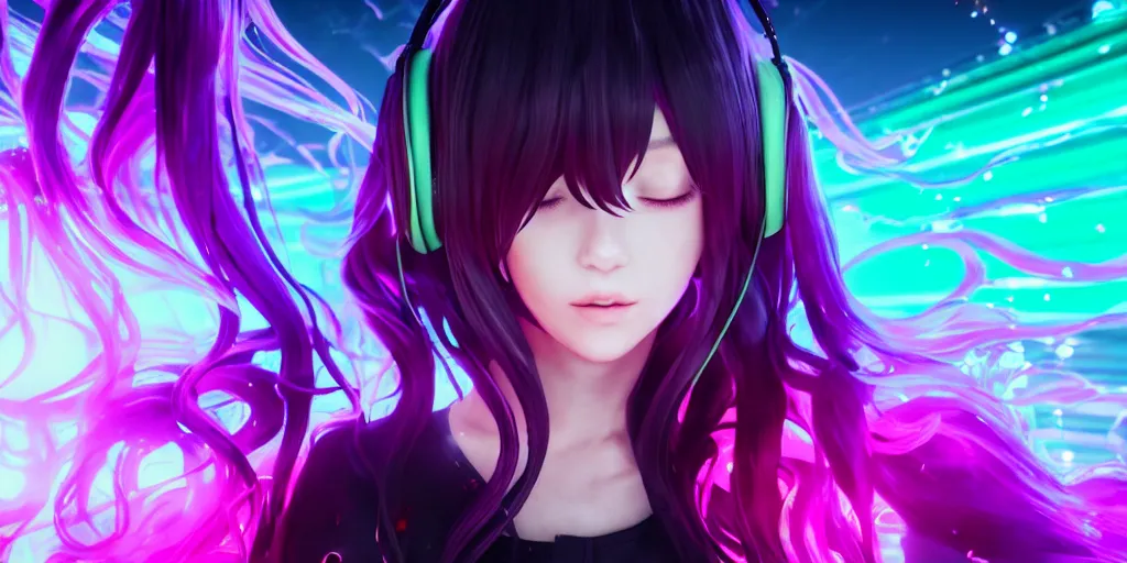 Image similar to beautiful portrait of a woman with pastel long hair floating in the air with her eyes closed facing the camera centered with studio headphones on in the style of a code vein character, momo from twice in code vein in the style of WLOP, artgerm, yasutomo oka, rendered in unreal engine and redshift octane , background is surrounded by epic neon glitch effect digital art dynamic dramatic lighting, soft lighting, imagine fx, artstation, cgsociety, by Bandai Namco artist,