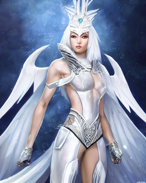 Prompt: perfect white haired egyptian goddess wearing white dove wings, warframe armor, regal, attractive, ornate, sultry, beautiful, ice queen, half asian, pretty face, blue eyes, detailed, scifi platform, 4 k, ultra realistic, epic lighting, android body, masterpiece, art by akihito tsukushi, voidstar, artgerm