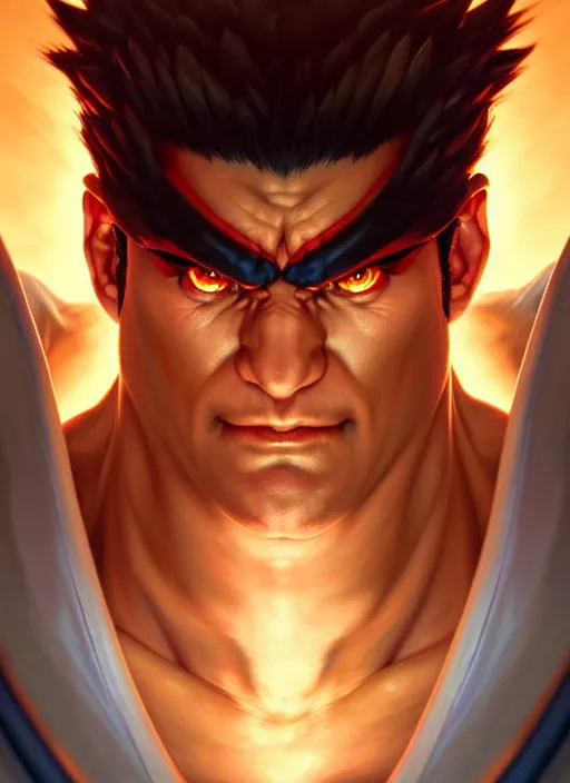 Image similar to symmetry!! portrait of evil ryu, street fighter iv, global illumination!! intricate, elegant, highly detailed, digital painting, artstation, concept art, smooth, sharp focus, illustration, art by artgerm and greg rutkowski and alphonse mucha