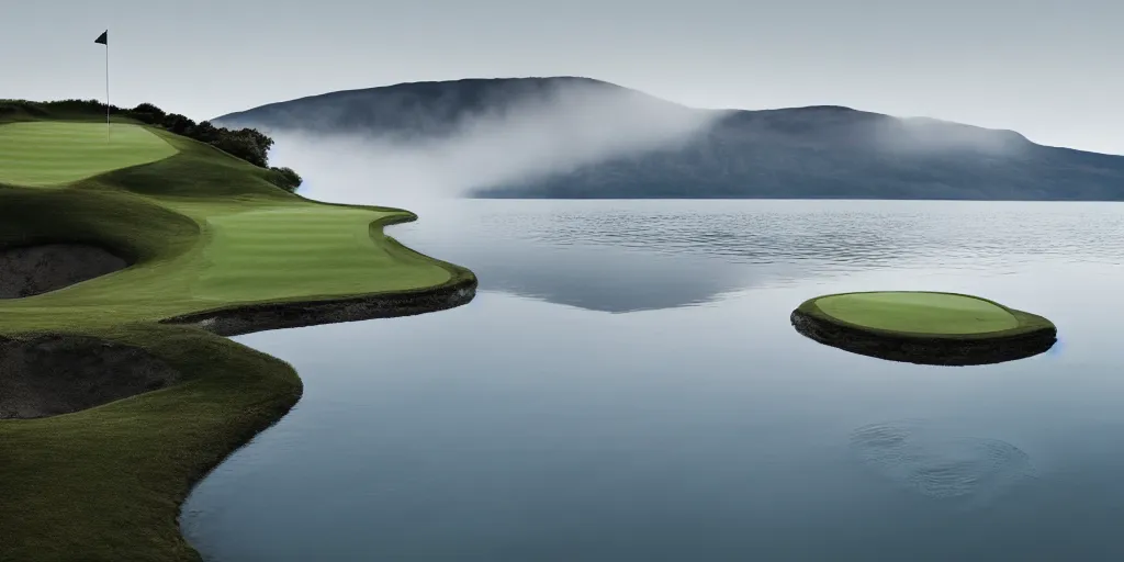 Image similar to a great photograph of the most amazing golf hole in the world completely surrounded by water, loch ness monster in the water, ambient light, golf digest, top 1 0 0, fog