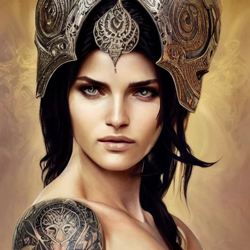 Image similar to an attractive young tattooed female with piercings wearing an white ornate metallic helmet, helena christensen, olive skin, long dark hair, beautiful bone structure, intricate, elegant, highly detailed, digital painting, artstation, concept art, smooth, sharp focus, illustration, art by artgerm and greg rutkowski and alphonse mucha