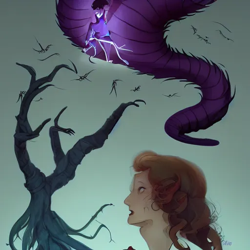 Prompt: abigail larson, don bluth, artgerm, joshua middleton, purple color pallete, welcome to night vale, lighthouse in the desert, giant centipede, spooky strange weird quirky, cartoon, 2 d, chiral lighting