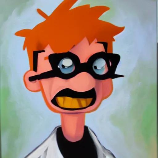 Prompt: Dexter from Dexters Laboratory depicted as a mad scientist, oil painting