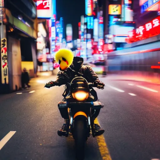 Prompt: duck driving a motorcycle through tokyo at night
