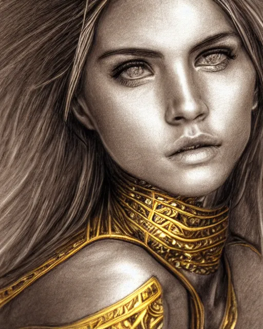 Image similar to pencil sketch portrait of woman in shining golden armor, high production value, intricate details, high resolution, hdr, high definition, masterpiece, realistic, ultrarealistic, highly detailed, hd, sharp focus, non blurry, sharp, smooth