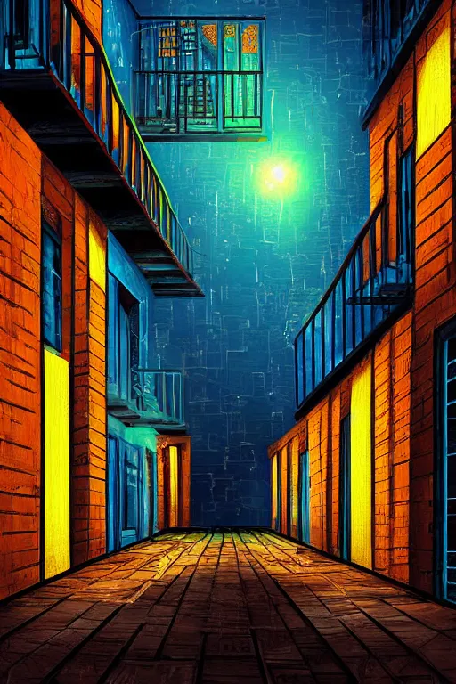 Prompt: a beautiful painting digital of a dark alley room at night with broken windows with wooden crates metal grids by lisa frank,