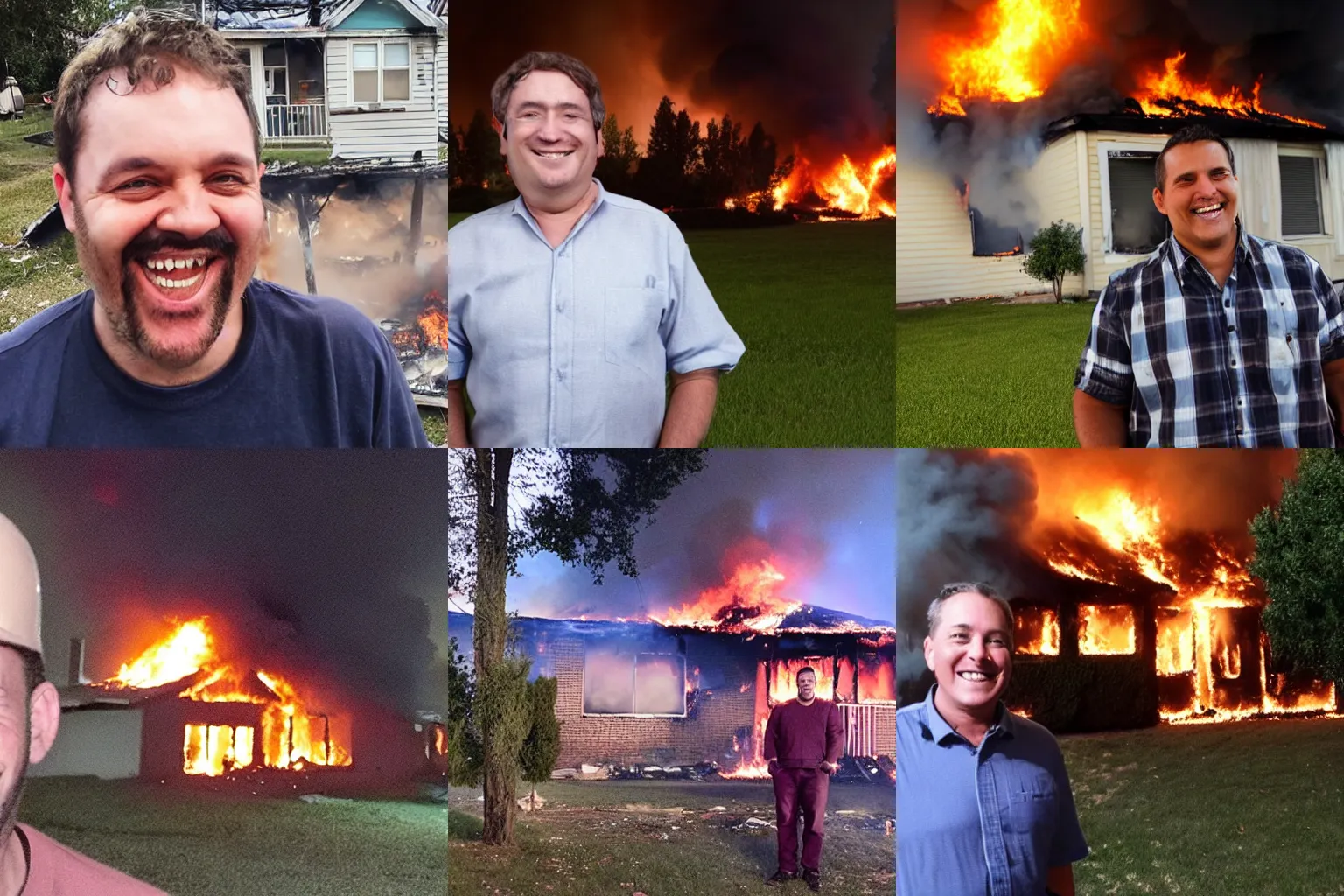 Prompt: Photo, A man's huge smile and his house has burning, Huge fire, night