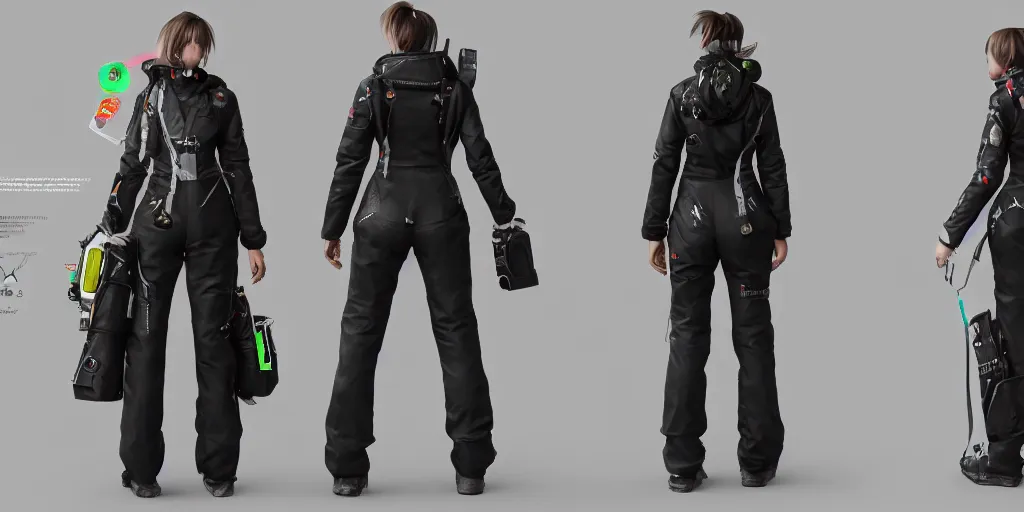 Image similar to a woman in scientist's jacket with a system of straps and pouches for collecting material by Tetsuya Nomura, trending on artstation and pixiv clean sci-fi concept art and sheet that using unreal engine 5 render and hyper detailed 3D texture with cinematic software light