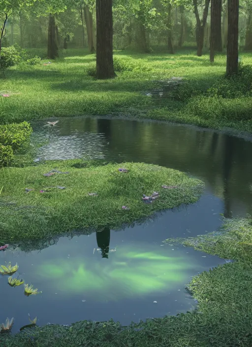 Image similar to photography of an ethereal pond with a central glare, mystical masterpiece, epic, cinematic, hyperealistic, high detailed, corona render, hdr, ray tracing