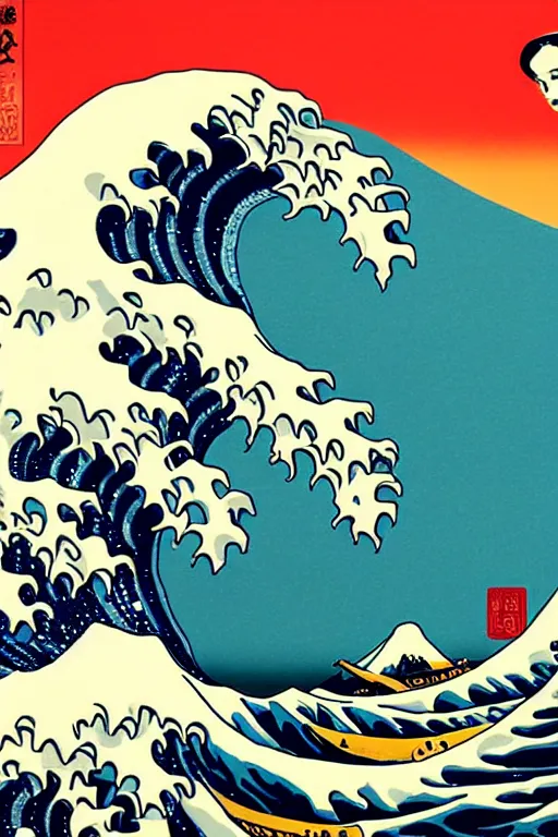 Image similar to Shepard Fairey The Great Wave off Kanagawa, sun in the background