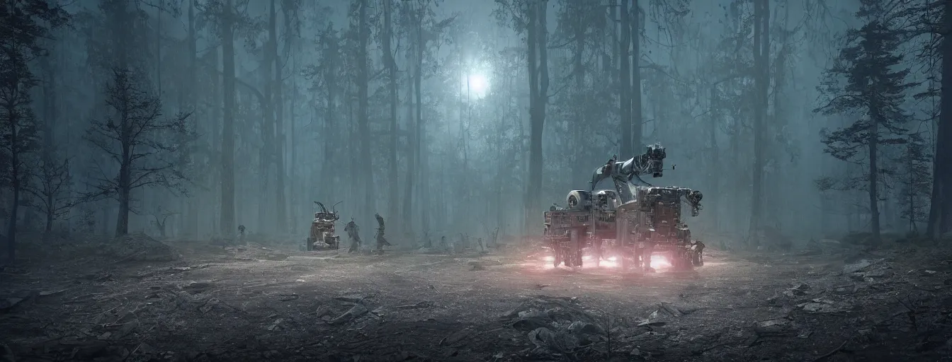 Prompt: detail view on heavy army robot hunting remaining human in dark foggy old forest in the night, postapo, dystopia style, heavy rain, reflections, high detail, horror dramatic moment, motion blur, dense ground fog, dark atmosphere, saturated colors, by darek zabrocki, render in unreal engine - h 7 0 4