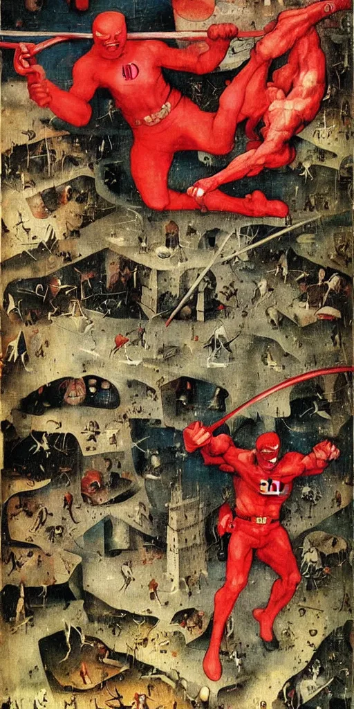 Prompt: daredevil comic book cover by hieronymus bosch