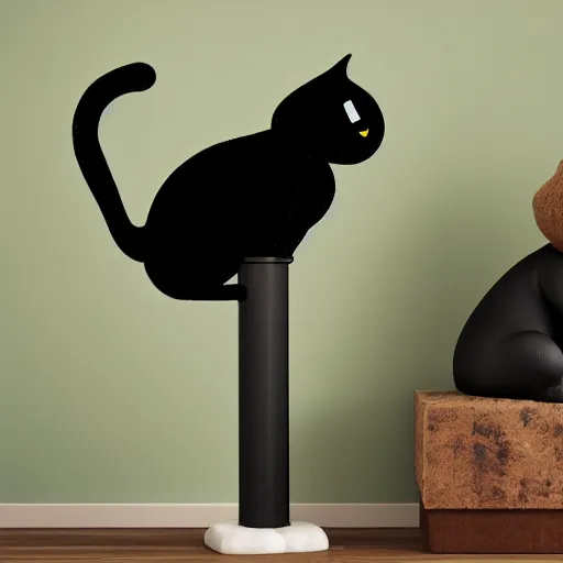 Prompt: highly detailed and photorealistic anthropomorphic chubby black cat dancing around a long and thin scratchpost