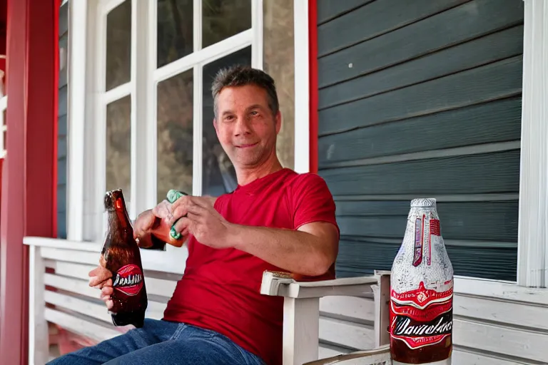 Prompt: an average American drinking a bottle of Budweiser on their porch, photo, 4K