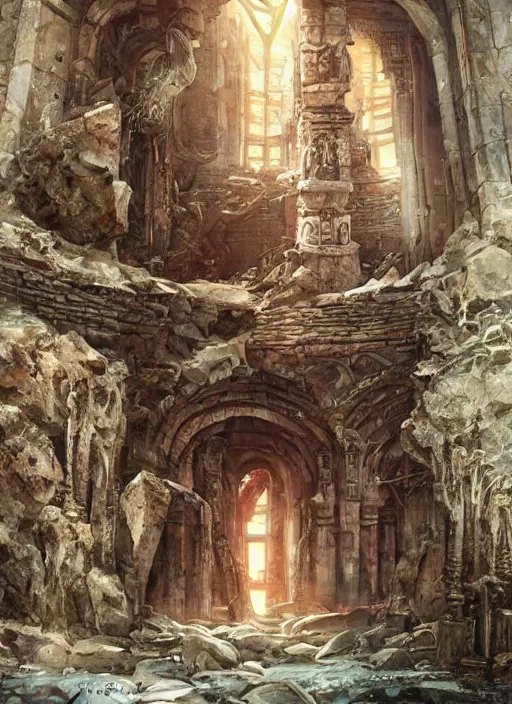 Prompt: a towering stone pillar covered with strange ancient mechanisms, in an ancient vault, crumbling temple ruins, fantasy digital painting, stunning intricate details, torch lighting, artwork by ross tran, artgerm