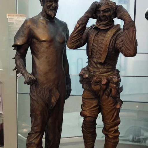 Prompt: a couple of statues of men in costumes, a bronze sculpture by Guillermo del Toro, featured on deviantart, antipodeans, movie still, ultra detailed, shiny