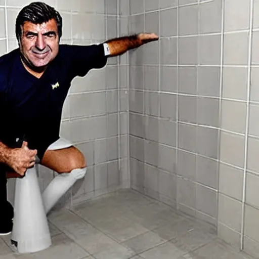 Image similar to joan laporta in the prison showers, bending down to get the soap