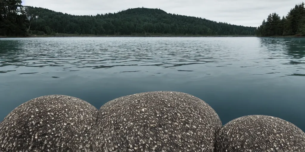 Prompt: centered photograph of an long single line of rope zig zagging snaking across the surface of the water into the distance, pebble rock shore in foreground, submerged underwater rope stretching out towards the center of the lake, a dark lake on a cloudy day, color film, trees in the background, hyper - detailed photo, anamorphic lens