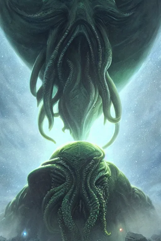 Image similar to cthulhu in space looking at earth, larger than earth, huge, towering, gigantic, high octane, 8 k, digital art, magic the gathering, mtg, by greg rutkowski, trending on artstation