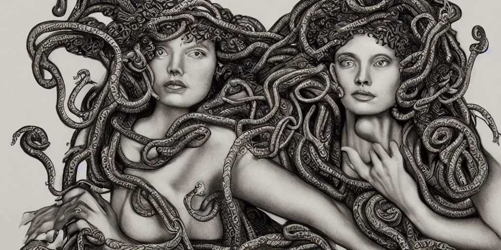 Image similar to realistic portrait of beautiful medusa with her snakes, golden, delicate, facing camera, hyper realism, 1 4 5 0, ink, ultra realistic, 8 k