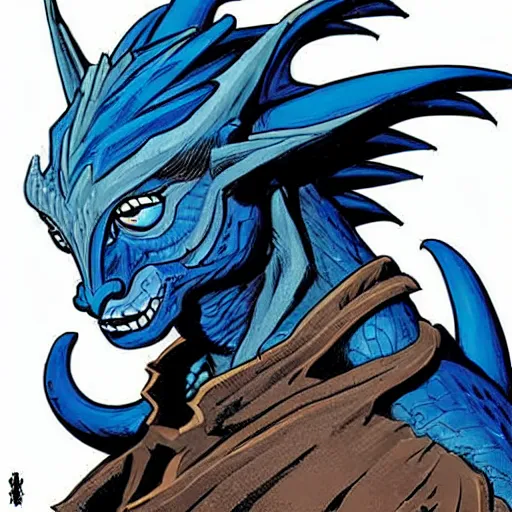 Image similar to head and shoulders portrait of a medieval fantasy anthropomorphic blue dragon - headed - human hybrid with electrcity magic, fantasy, d & d, high details, comic book cover art photo by phil noto and frank miller