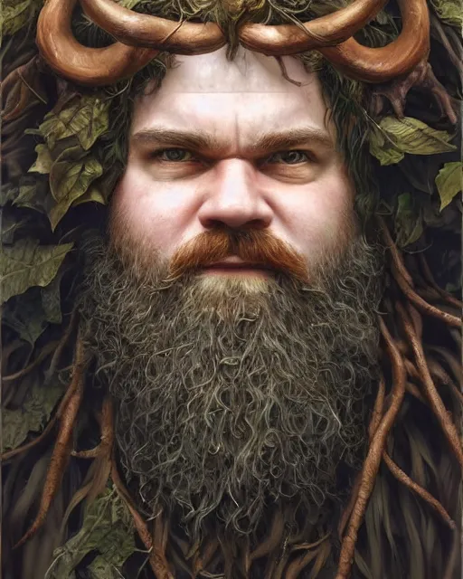 Image similar to patrick rothfuss as forest druid with ram horns and leaves in his beard | highly detailed | very intricate | symmetrical | cinematic lighting | award - winning | closeup portrait | painted by donato giancola and mandy jurgens and charlie bowater | featured on artstation