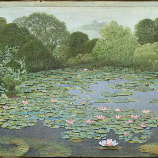 Prompt: waterlily pond, manichaean art