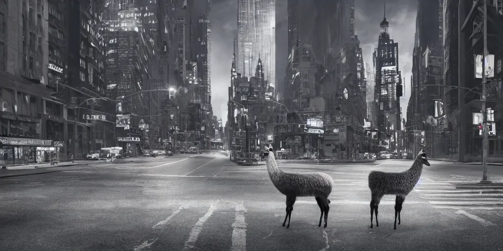 Image similar to a llama walking through a desolate manhattan city street at night, statue of liberty seen in the background, realistic 4 k octane beautifully detailed render, 4 k post - processing, highly detailed, intricate complexity, epic composition, magical atmosphere, cinematic lighting, masterpiece, ultra hd