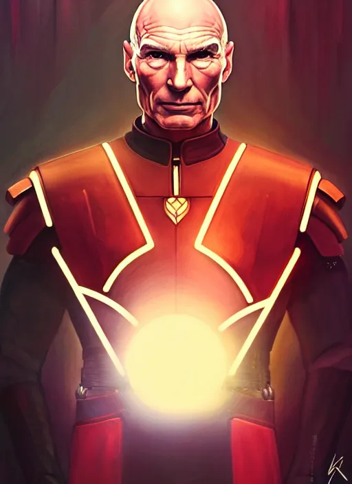 Image similar to Symmetry!! portrait of Captain Picard, warrior in sci-fi armour, tech wear, muscular!! Glowing lights!! sci-fi, intricate, elegant, highly detailed, digital painting, artstation, concept art, smooth, sharp focus, illustration, art by artgerm and greg rutkowski and alphonse mucha