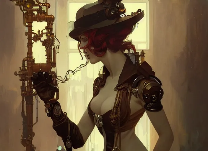 Prompt: woman model, steampunk!!! and modern, rgb, league of legens art, in a bathroom, backlit, elegant, highly detailed, digital painting, artstation, concept art, smooth, sharp focus, illustration, art by krenz cushart and artem demura and alphonse mucha