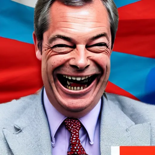 Prompt: nigel farage laughing holding burning eu flag, photograph, hd