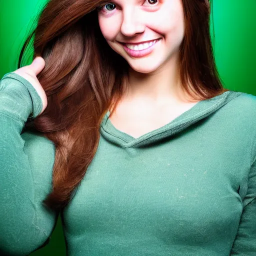 Image similar to A cute and beautiful young woman, long shiny bronze brown hair, green eyes, cute freckles, smug smile, studio lighting, studio background medium shot, mid-shot