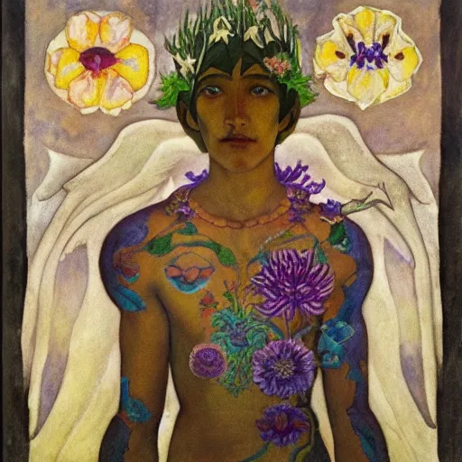 Image similar to the flower prince, by Annie Swynnerton and Nicholas Roerich and Diego Rivera, bioluminescent skin, floral tattoos, wings made out of flowers, elaborate costume, geometric ornament, symbolist, smooth, sharp focus, extremely detailed