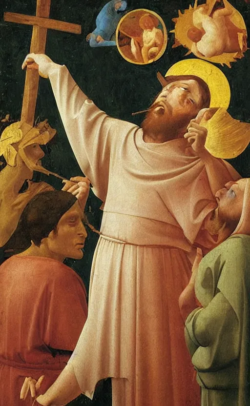 Prompt: painting by fra angelico of blindfolded!!!!!! the mocking of christ holding cornucopia!!!! 1 4 4 0 early renaissance painting, fresco! eerie, ominous, distressing