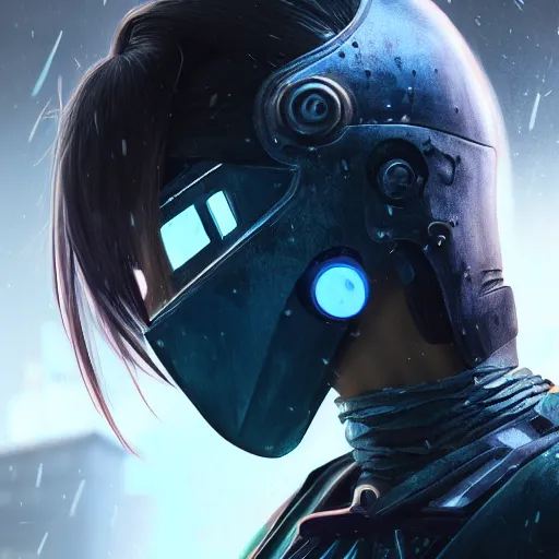 Prompt: An epic fantastic ultrarealism comic book style portrait painting of a female cyberpunk armor ninja, no face mask, tzuyu from twice, ultradetailed face by WLOP, blue and ice silver color armor, cyberpunk feel raining at tokyo rooftop, Concept world Art, unreal 5, DAZ, 8k, hyperrealistic, octane render, cosplay, RPG portrait, final fantasy artwork concept, dramatic lighting, rim lights