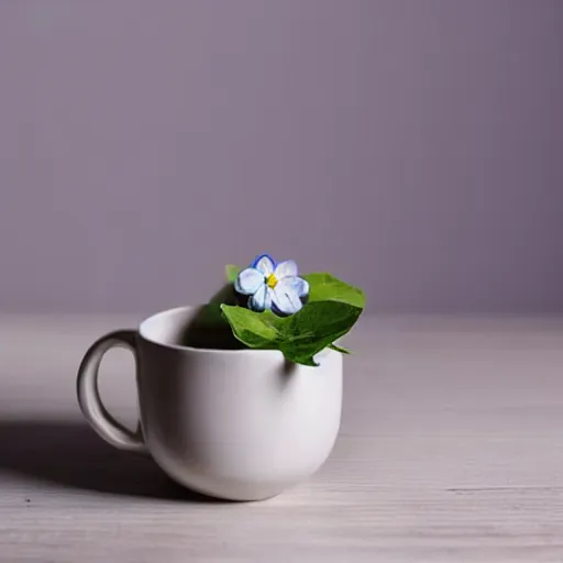 Image similar to clay mug on a white table surrounded by elegant blue and white flowers and green leaves, bright white realistic, up close shot, white background, zen, light, modern minimalist, clean f 2 0