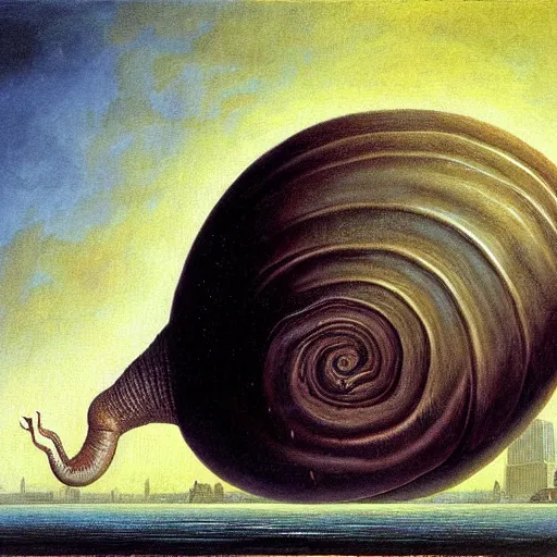 Image similar to a giant snail stands over a city painting by barlowe, behsinski colors. masterpiece painting